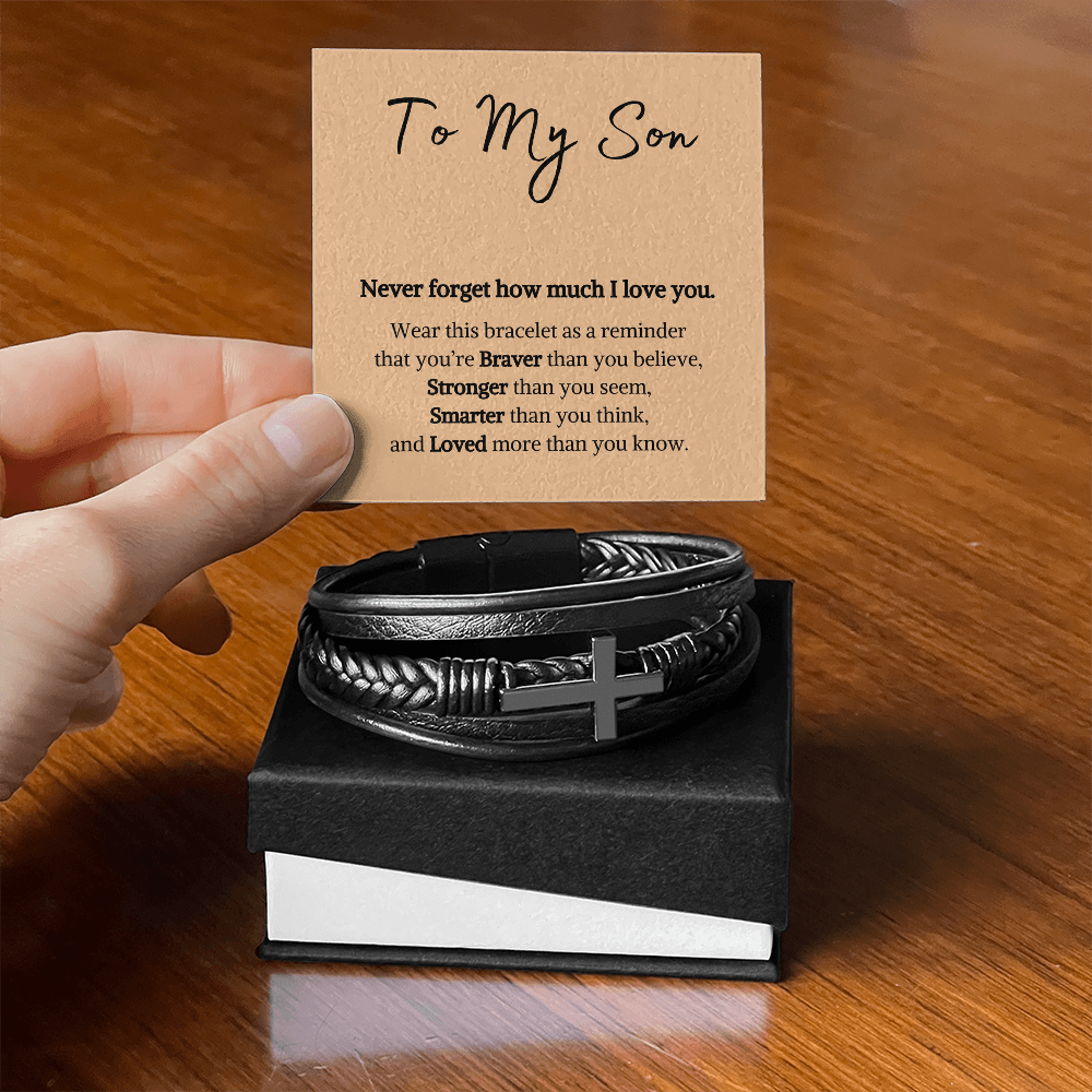 Hope, Faith, And Love! Cross Leather Bracelet | To My Son