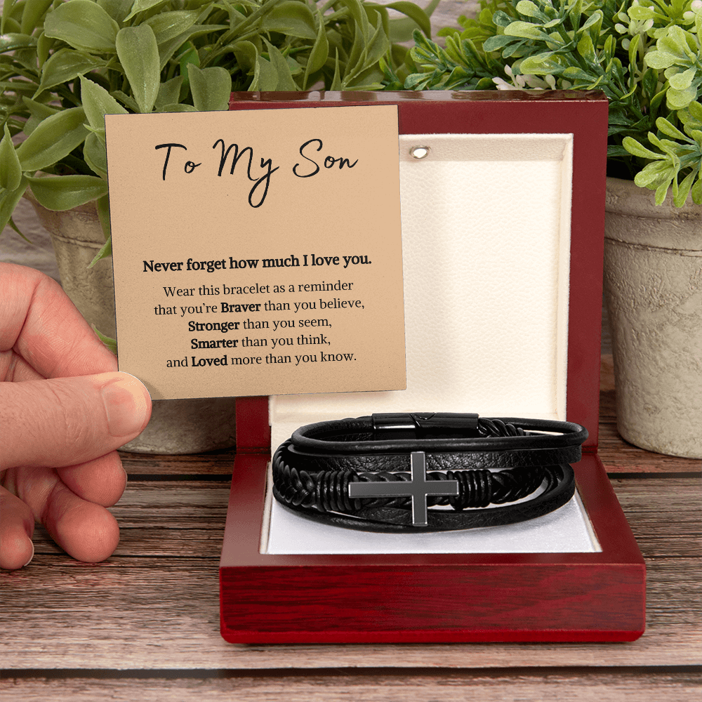 Hope, Faith, And Love! Cross Leather Bracelet | To My Son
